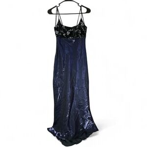 Y2K A Fortiori Vintage 90s Iridescent Navy Blue Velvet Embroidered Maxi  Gown